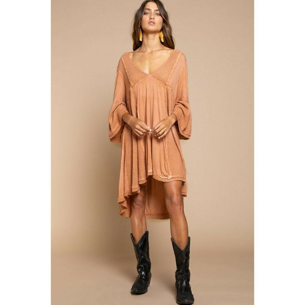 POL Clothing Red Sand V Neck Tunic Dress Summer Boho Bohemian Long Sleeve New - Picture 4 of 5